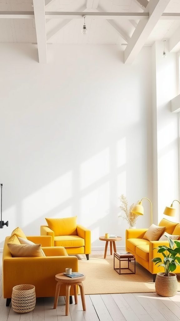 A bright room with mustard yellow furniture and white walls, showcasing a cheerful decor style.