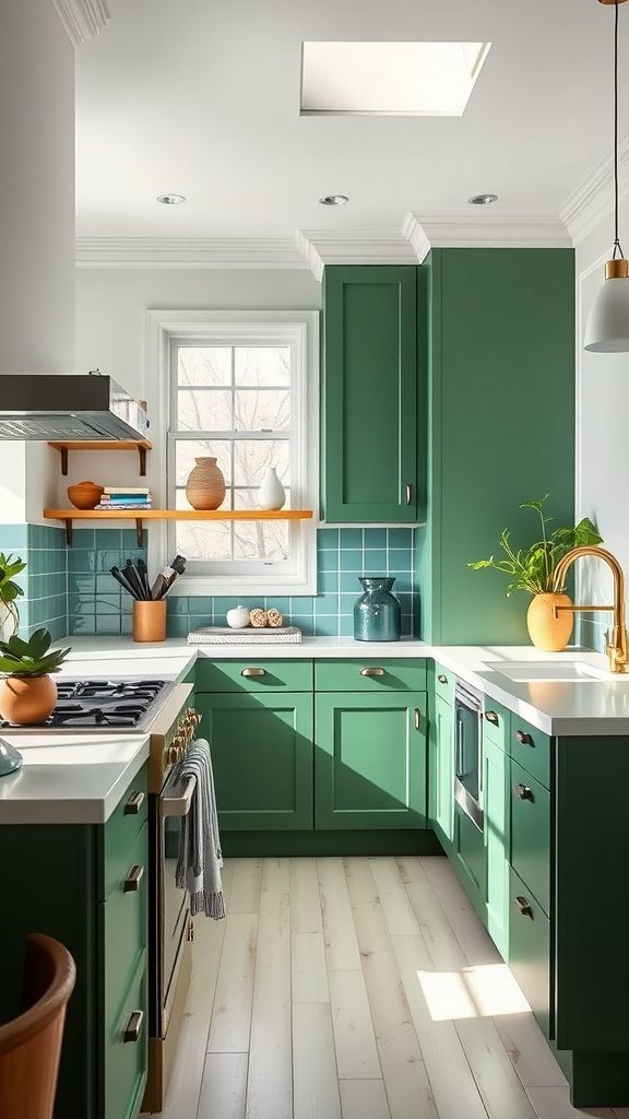 A modern kitchen with forest green cabinets and fresh white countertops and accents.