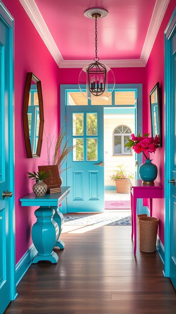 A hallway with fuchsia walls and turquoise accents, showcasing a vibrant home decor style.