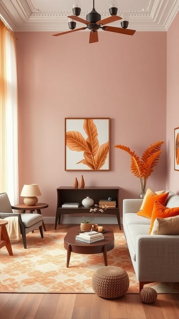 A stylish living room featuring burnt orange and gentle blush pink decor.