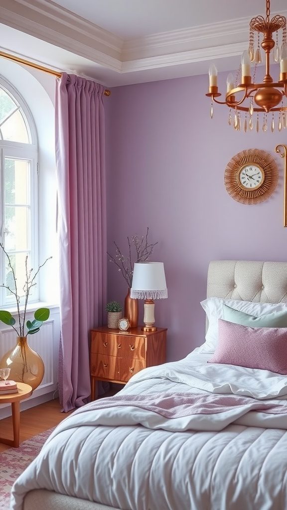 A cozy bedroom featuring lavender walls and rose gold accents.