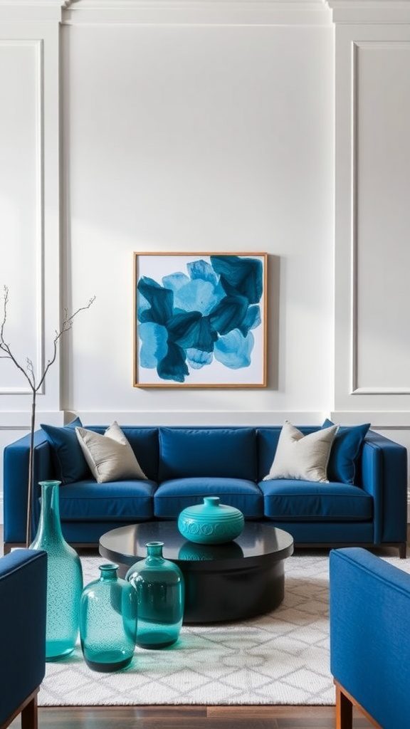 Living room with navy blue furniture and glassy teal accents.