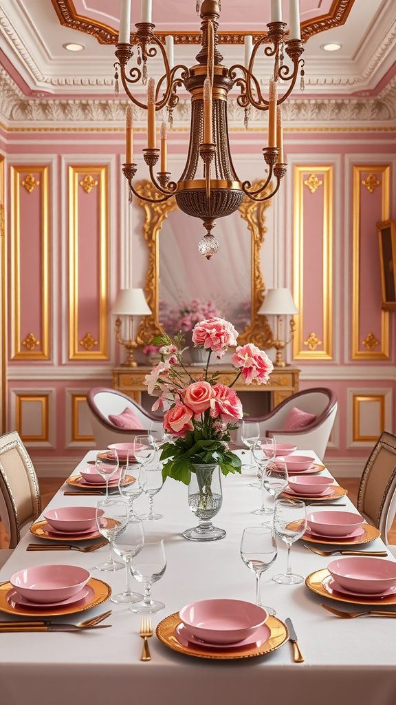 A beautifully set dining table featuring pink plates and golden accents, surrounded by elegant decor.