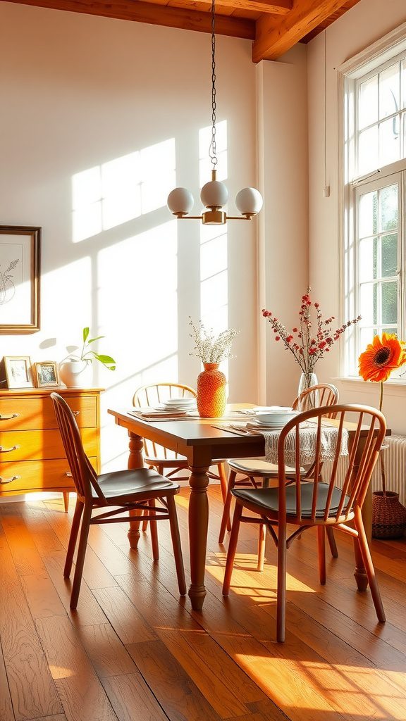 Cozy dining area with golden honey accents and burnt orange decor elements.