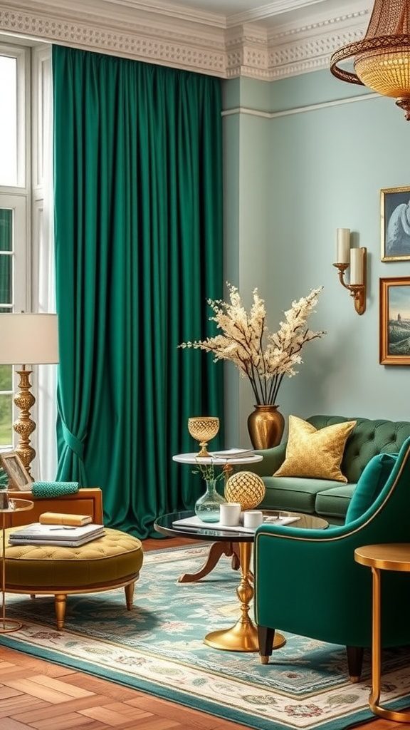 Living room with emerald green decor and golden metallic highlights.