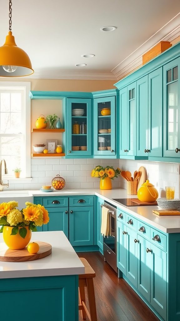 Bright kitchen decor with turquoise cabinets and golden yellow accents.