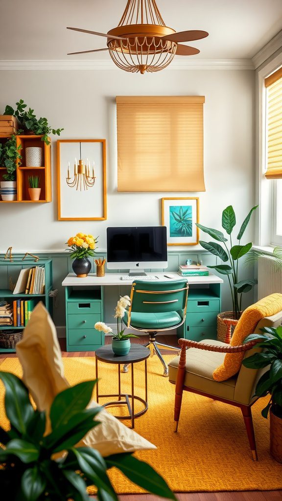 A cozy home office with hunter green and golden yellow accents.
