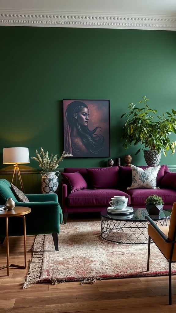Living room with forest green walls and plum furniture accents.