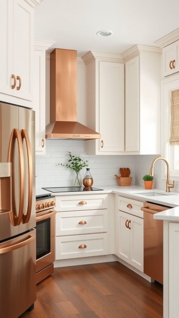 A modern kitchen featuring creamy white cabinets and copper accents.