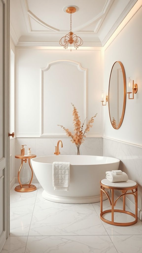 A stylish bathroom featuring a rose gold chandelier, fixtures, and accent tables, complemented by ivory walls and decor.