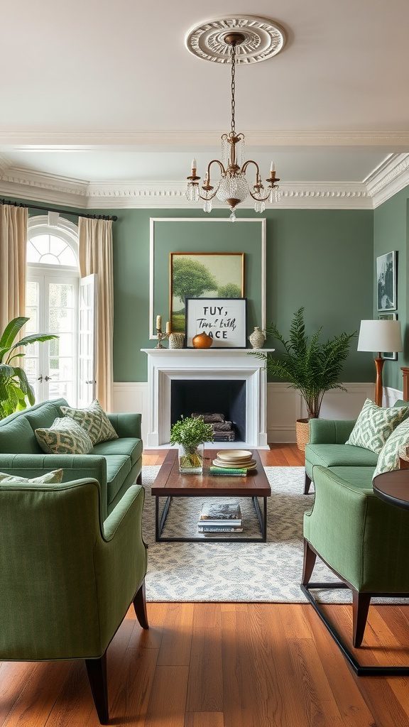 Living room featuring hunter green walls and ivory accents.