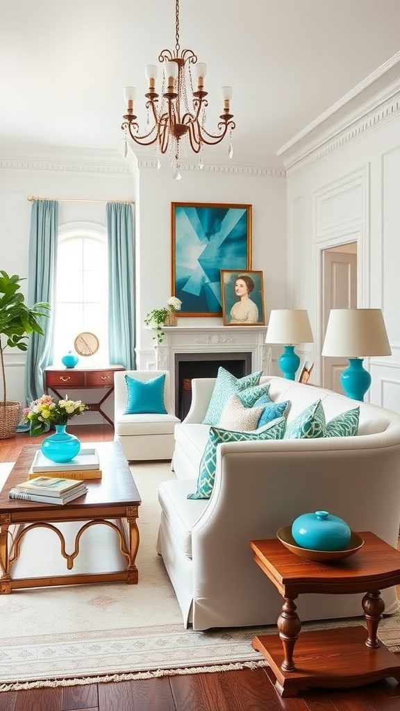 A beautifully decorated living room showcasing turquoise and ivory decor.