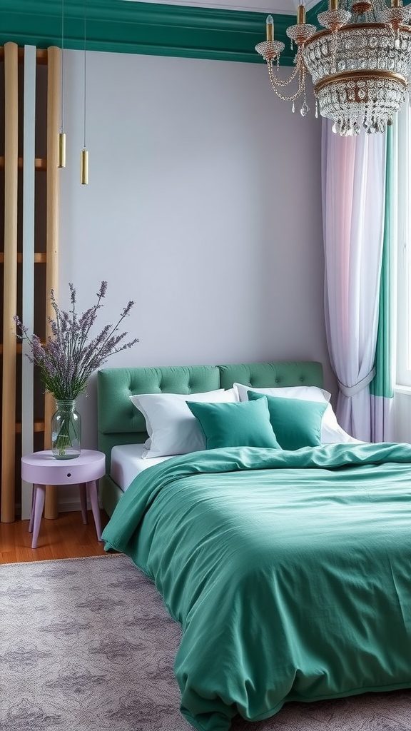 A serene bedroom featuring emerald green bedding and lavender accents.