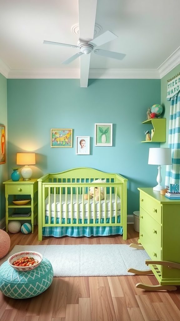 A bright and playful room with turquoise walls and lime green furniture, featuring a crib and colorful decor.