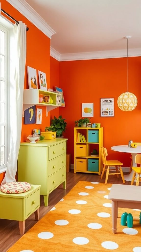 A vibrant room featuring burnt orange walls and lively chartreuse furniture accents.