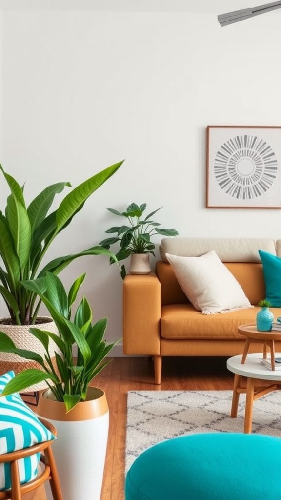 A stylish living room featuring turquoise and earth tones