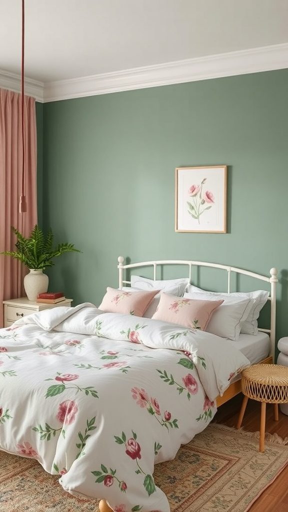 A cozy bedroom featuring forest green walls, a blush pink curtain, and floral bedding.