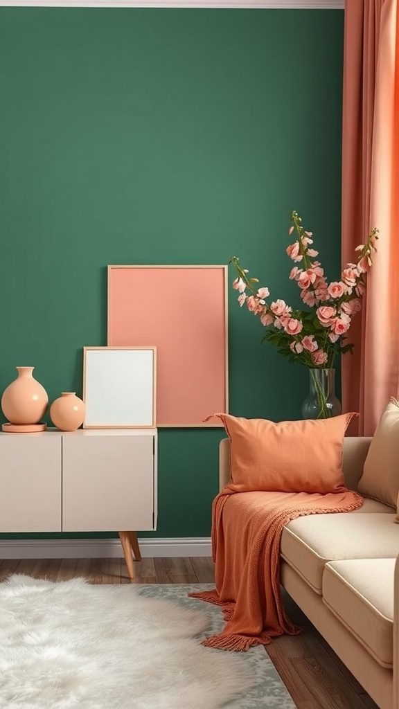 A living room featuring hunter green walls with muted coral accents, showcasing vases and cushions.