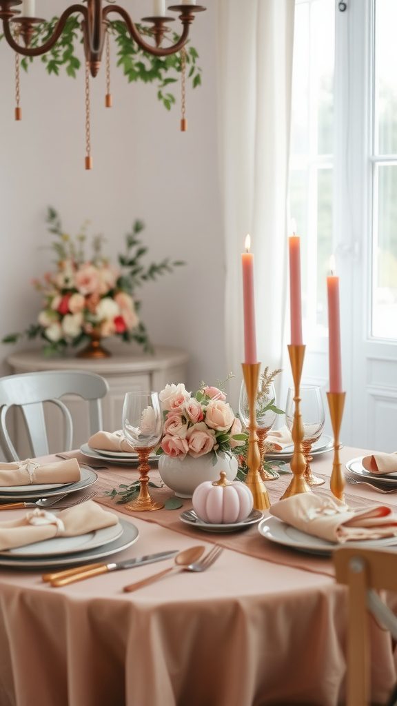 A beautifully set dining table featuring muted dusty rose elements alongside copper accents.