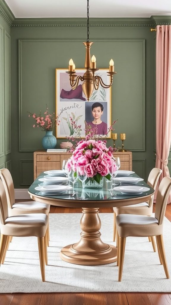 A dining area featuring a round table with a bouquet of pink roses, surrounded by muted green walls and elegant decor.