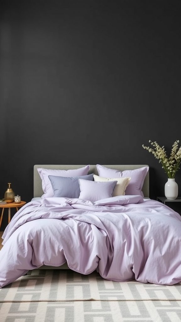 A cozy bedroom featuring a charcoal gray wall and muted lavender bedding.