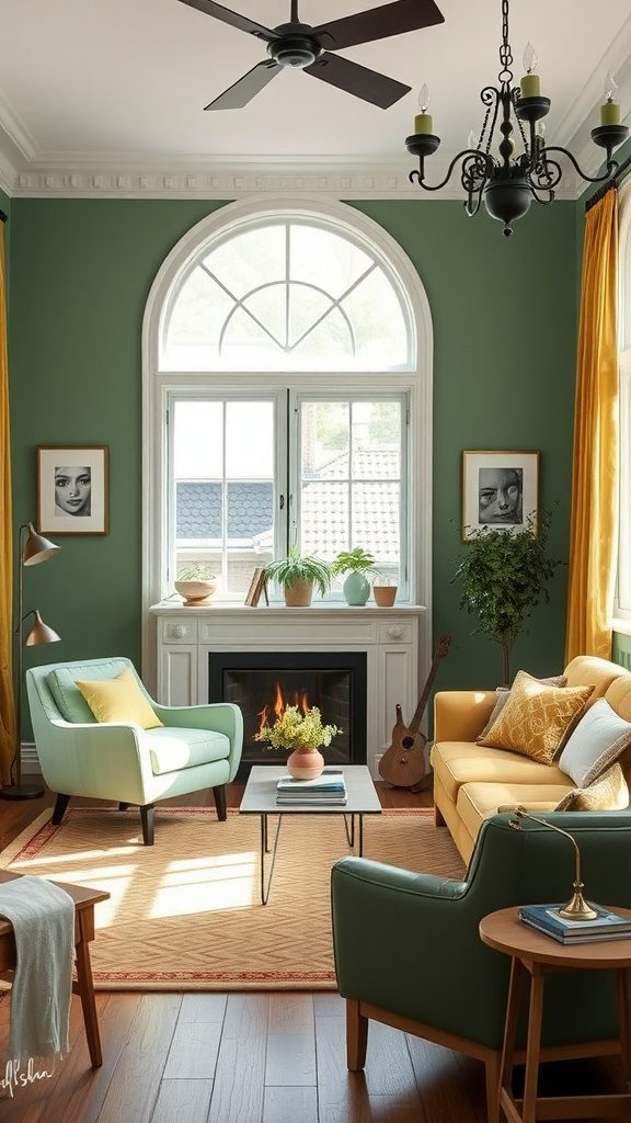 A cozy living room featuring hunter green walls and muted mustard accents.