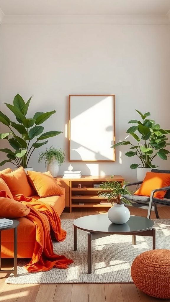Living room featuring burnt orange decor and muted sage green elements.