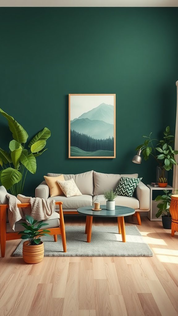Cozy living room featuring forest green walls, wooden furniture, and plants.