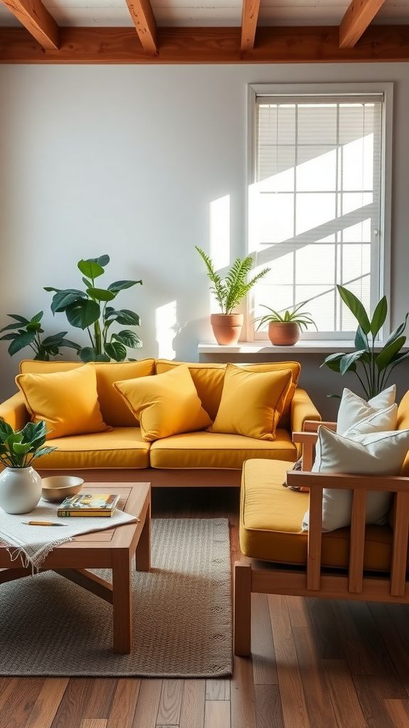Living room featuring mustard yellow sofa with natural wood furniture and plants.