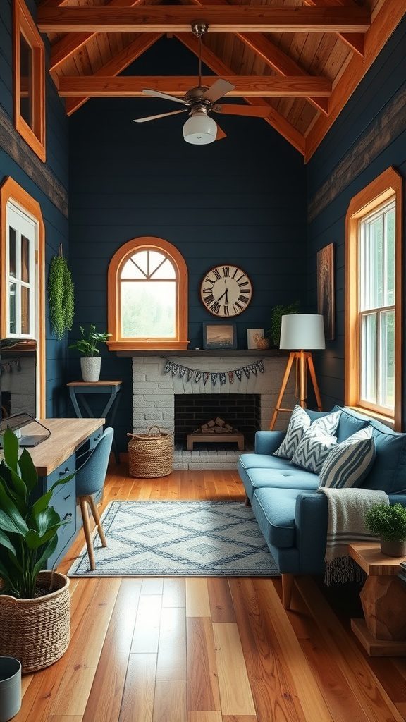 A cozy room with navy blue walls and natural wood accents, featuring a blue couch, plants, and a wooden desk.