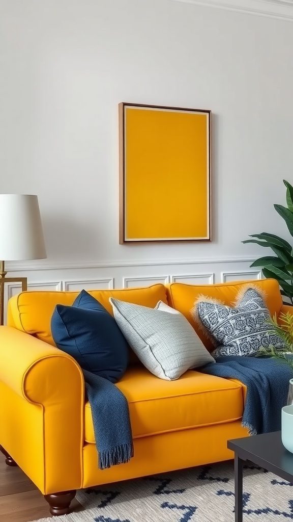 Navy blue accents complement a mustard yellow couch in a stylish living room.