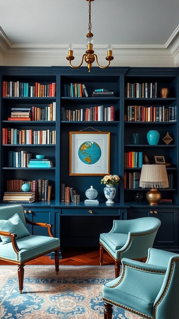 A cozy room featuring navy blue bookshelves, turquoise chairs, and warm lighting.