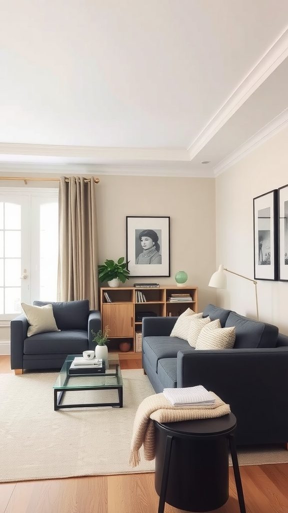 Cozy living space featuring charcoal gray furniture complemented by neutral beige elements.