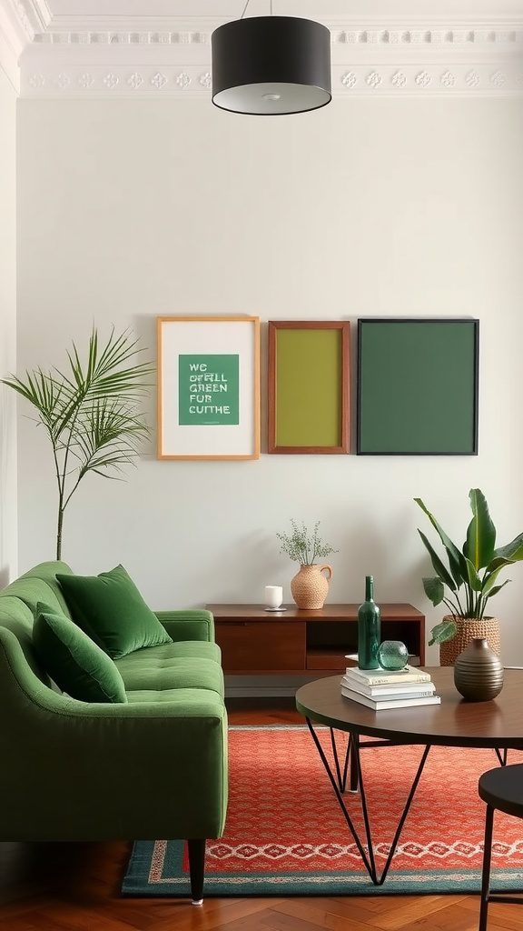 A cozy living room featuring a green sofa, olive green artwork, and decorative plants.
