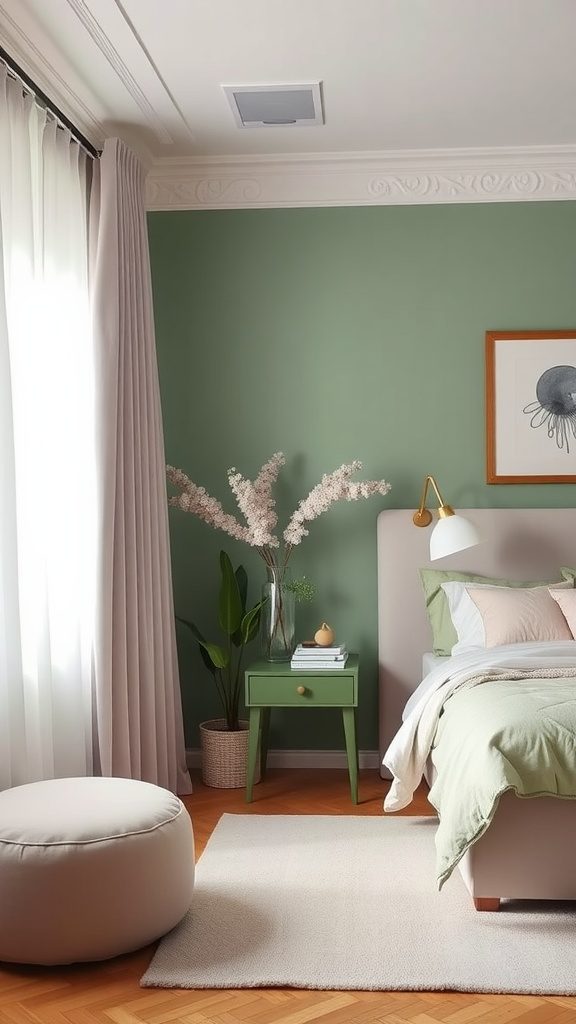 A serene bedroom featuring pale lavender curtains and bedding, complemented by hunter green walls and decor.