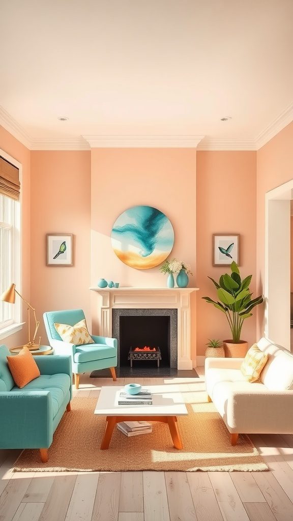 A cozy living room featuring pale peach walls, turquoise furniture, and natural light.