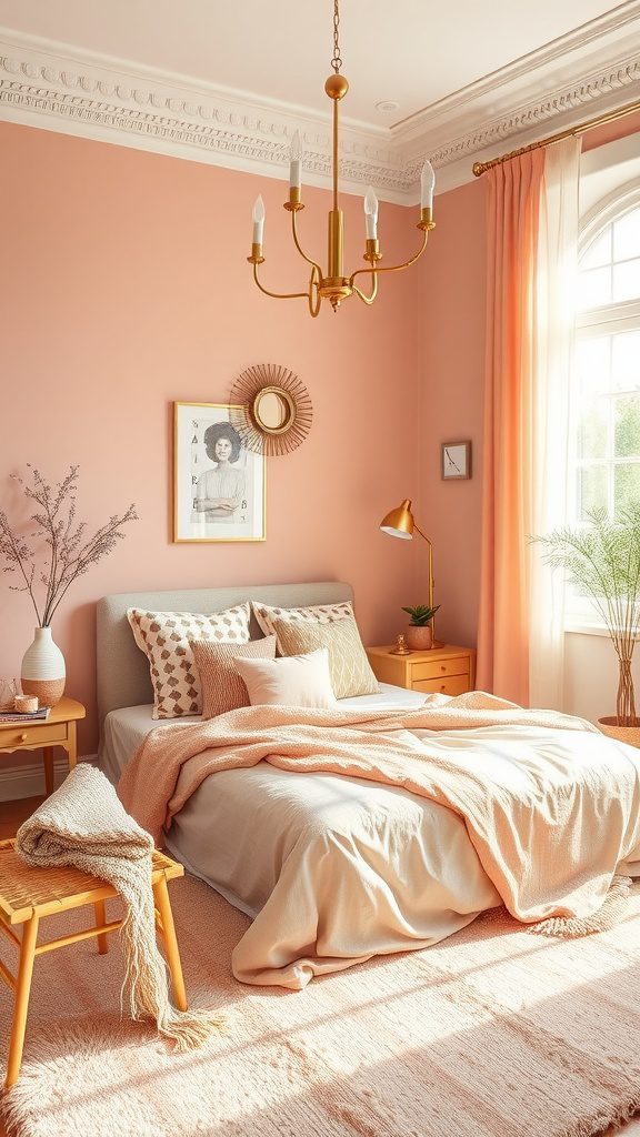 Bedroom featuring pastel peach walls and gold decor accents.