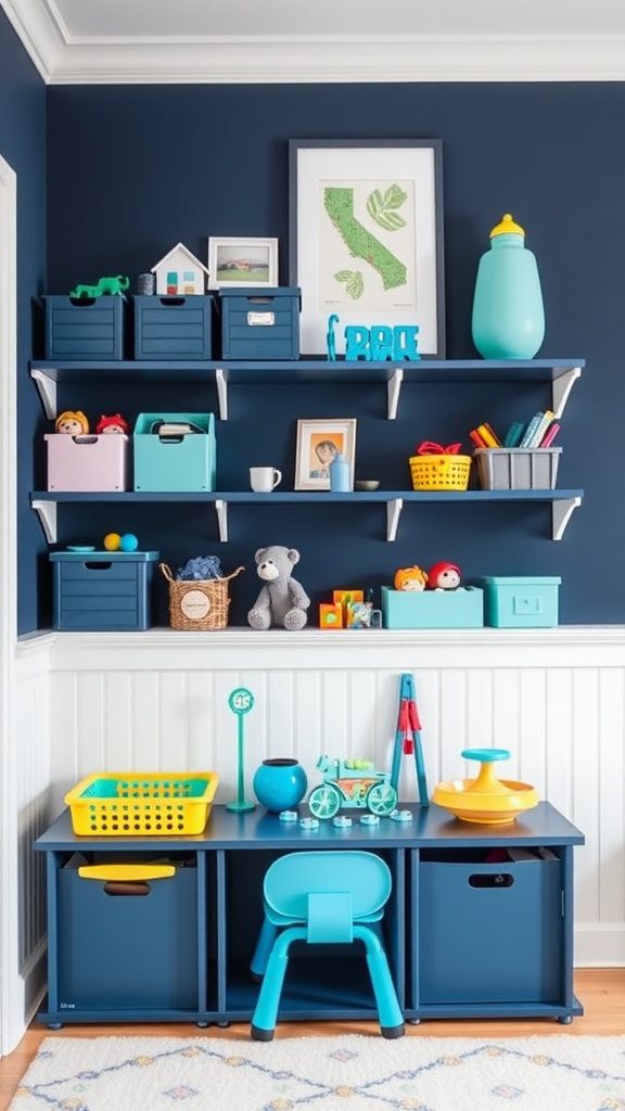 A room featuring navy blue walls and playful aqua blue decor items.