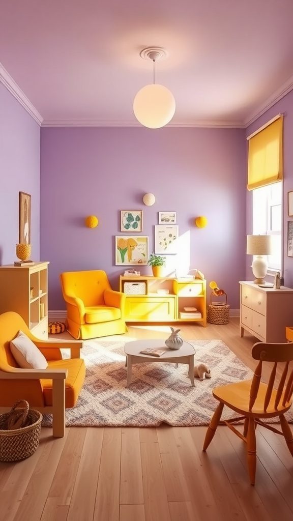 A cozy room featuring mustard yellow furniture against playful lavender walls.