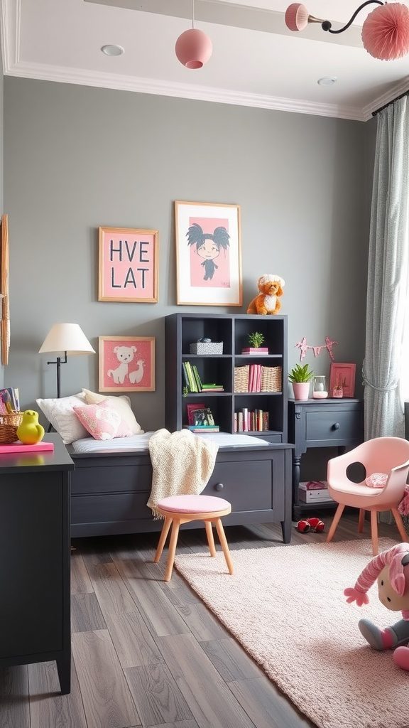 A playful room featuring charcoal gray walls complemented by pink decor and furniture.