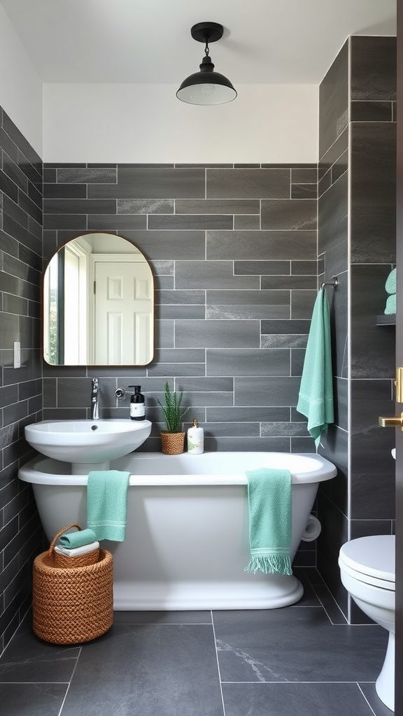 A stylish bathroom featuring charcoal gray tiles and refreshing mint green accents.