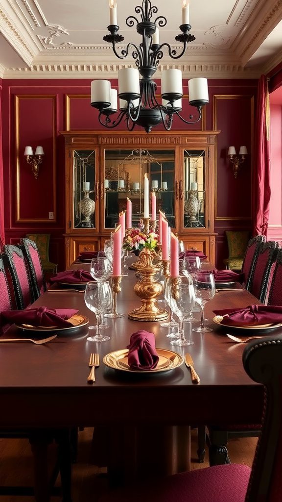 Dining room with burgundy accents, featuring a long table set with gold plates and candles.