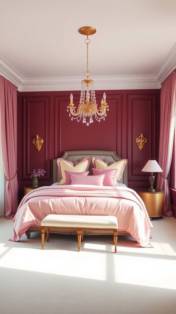 A luxurious bedroom featuring a pink and burgundy color scheme, with elegant decor and soft lighting.