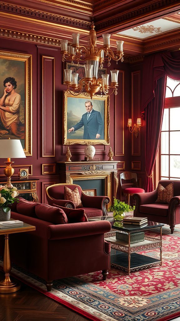 Interior decor featuring rich burgundy details with gold accents