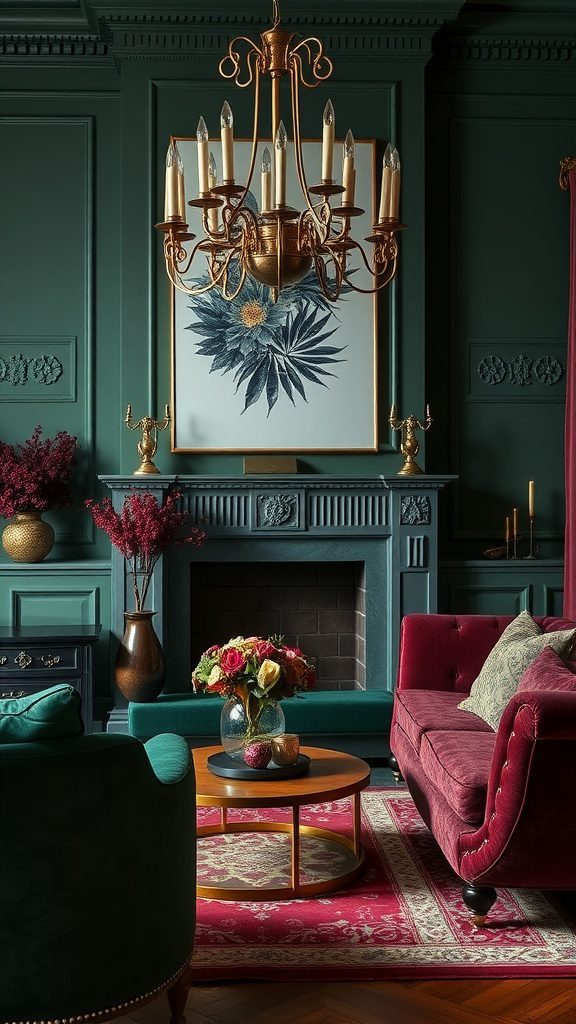 A cozy living room featuring forest green walls, burgundy furniture, and elegant decor.