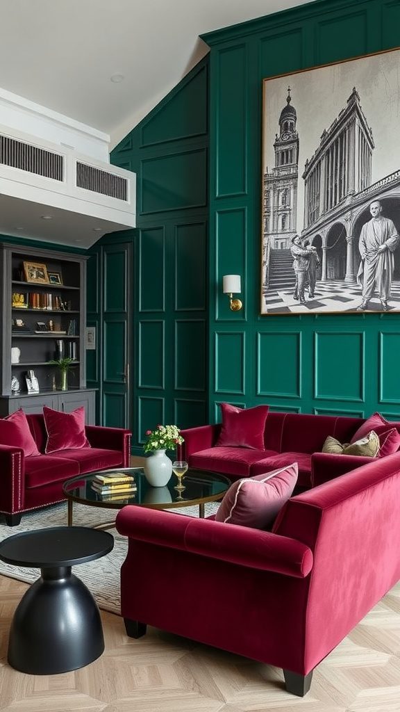 Living room with emerald green walls and rich burgundy furniture.