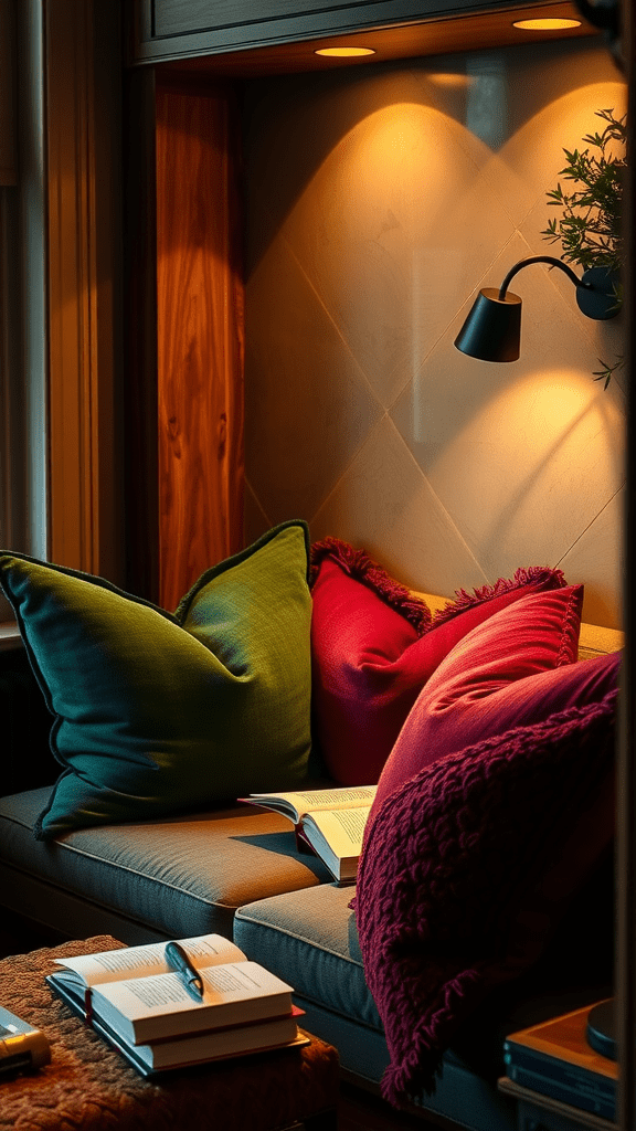 A cozy nook with hunter green cushions and rich burgundy pillows, featuring warm lighting and artwork.