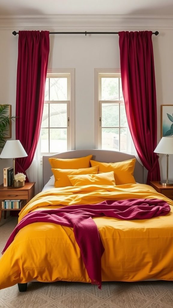 Bedroom with mustard yellow bedding and rich burgundy curtains.