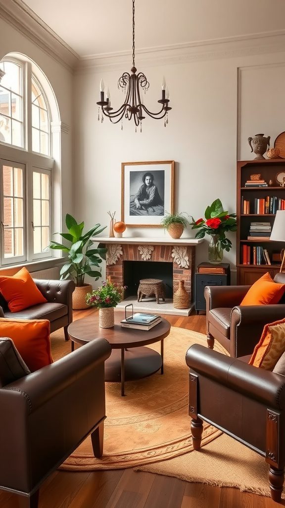 A cozy living room featuring rich chocolate brown furniture and burnt orange accents.