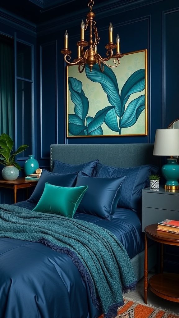 A beautifully decorated bedroom featuring navy blue bedding, emerald green pillows, and elegant decor.